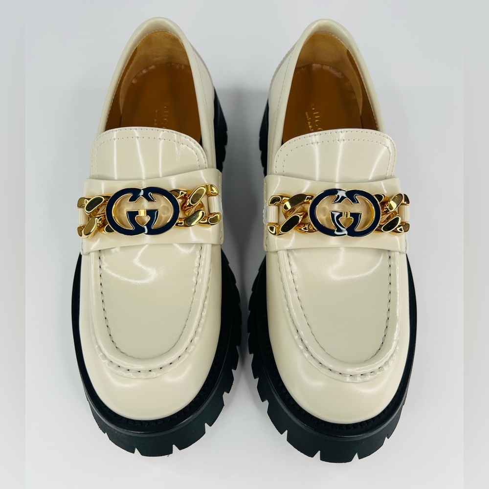Gucci Jeanne GG Logo Chain Cordovan Lux Moc Toe Platform Loafers Size EU 39.5